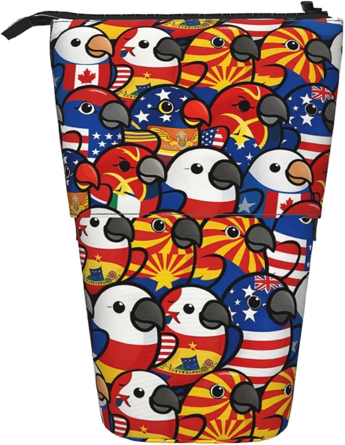 Colored Flag Funny Bird Kids Standing Pencil Case Telescopic Stationary Pouch with Zipper Large Capacity Stand up Pen Bag Portable Makeup Holder for Children School Students Office Supplies