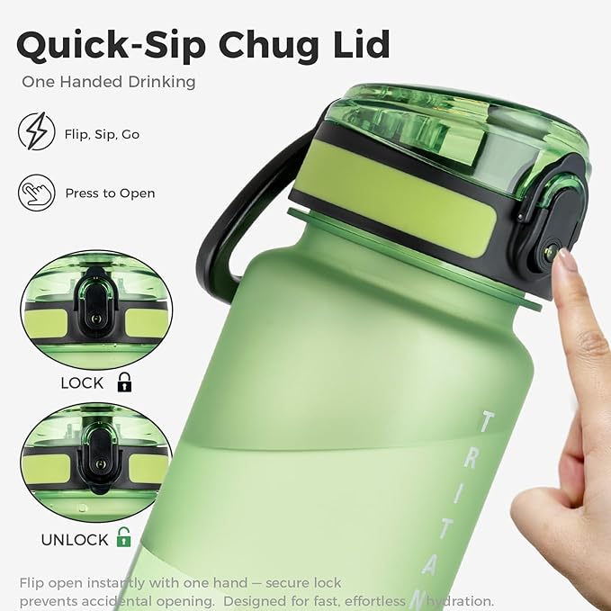 32oz Water Bottle with Chug Lid, Frosted & Clear Tritan BPA-Free, Leakproof, Wide Mouth, Portable Sports Water Bottle for Gym, Office, Travel, Outdoor (Green)