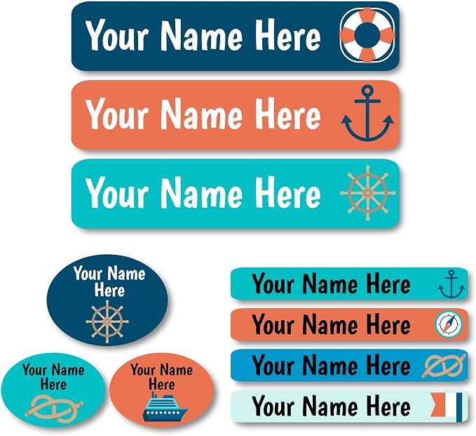 Lovable Labels Personalized Labels for Kids (85 Labels/Pack) - 3 Label Sizes Waterproof Dishwasher Safe Peel & Stick Labels for School Supplies Daycare Camp Clothing Bottles (Nautical)