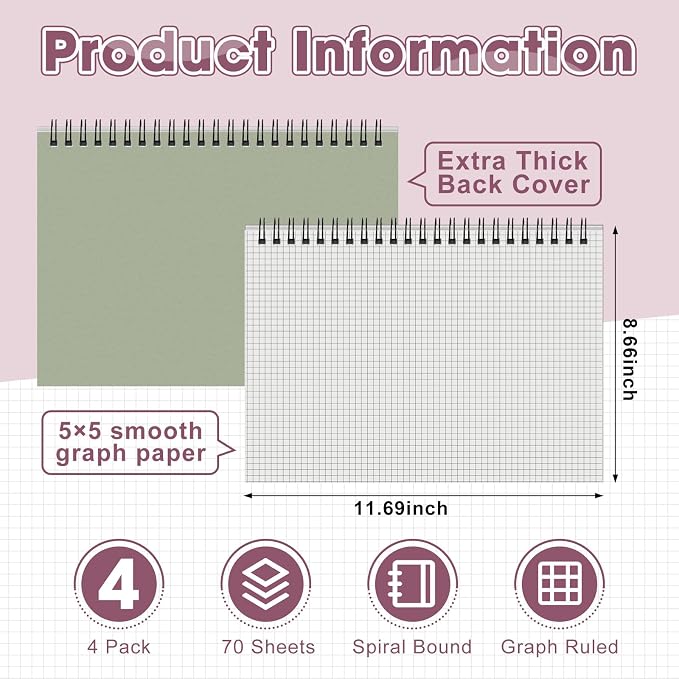 Resurhang 4 Pcs 8.66 x 11.69 Inch Top Bound Spiral Notebooks Horizontal A4 Office Steno Book 5mm-Squared Durable Spiral White Paper 70 Sheets for Business (Morandi)