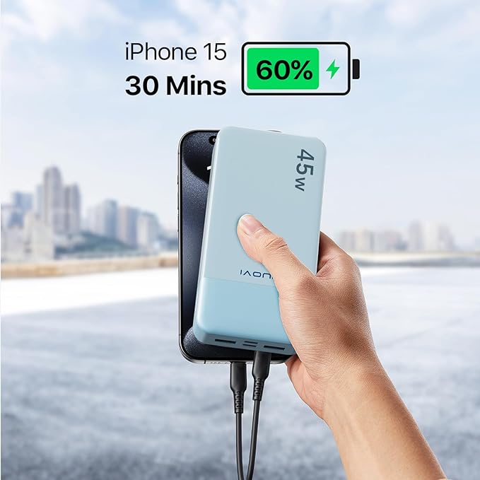 JUOVI Power Bank 45W 20000mAh Portable Charger USB C, PD QC Fast Charging 4-Port(2C+2A) External Battery Pack with LED Display, for iPhone 15 16 MacBook ipad