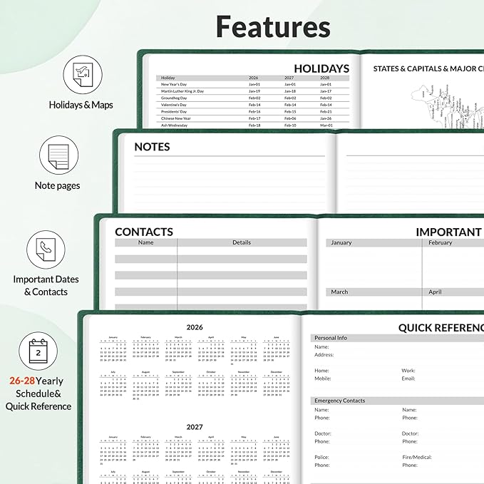 SUNEE 2026-2027 Weekly & Monthly Hardcover Planner 5.5" x 8.3" - 12 Month (July 2026 - June 2027), Small Academic Year Calendar Planner, Pocket, Notes, 100 GSM Paper, Deep Green