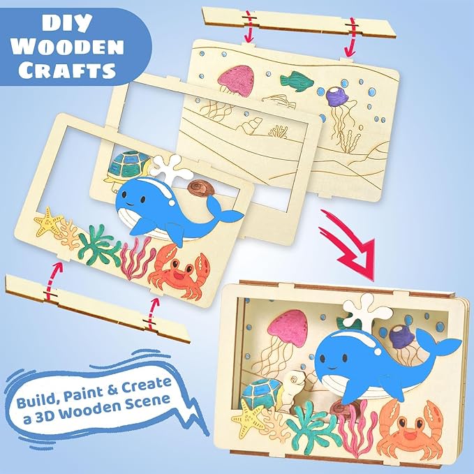 Vileafy 6-Pack 3D Wood Crafts for Painting Party Favors & Kids Gifts for Classmate – Dinosaur, Jungle & Ocean Puzzles with Individual Paints & Brushes for Boys & Girls Ages 4-8 (6)