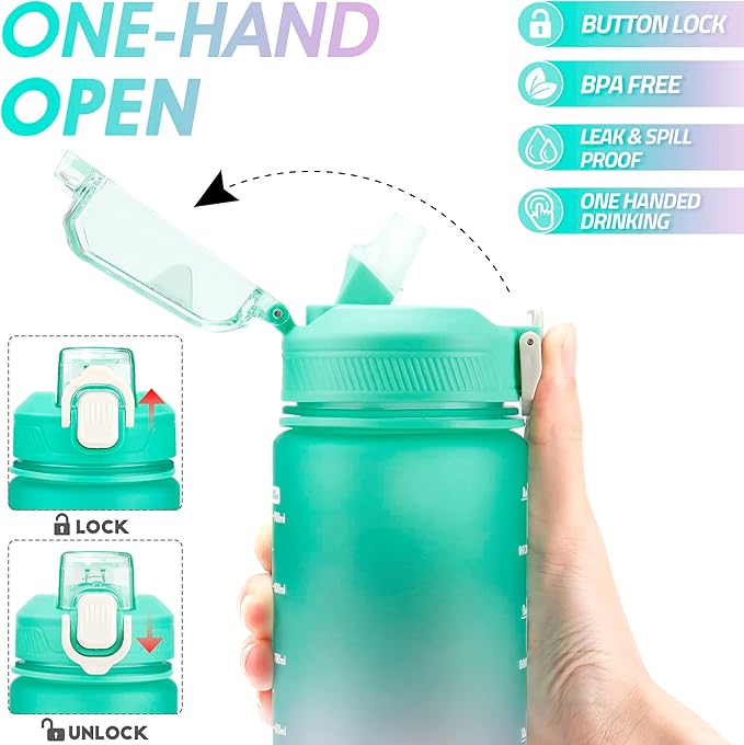 YC Kitchen Motivational Water Bottle with Time Marker- 32oz Water Bottles with Times to Drink, Leakproof & BPA Free Sports Water Bottle with Straw & Carry Strap for Fitness, Gym, and Outdoor Sports