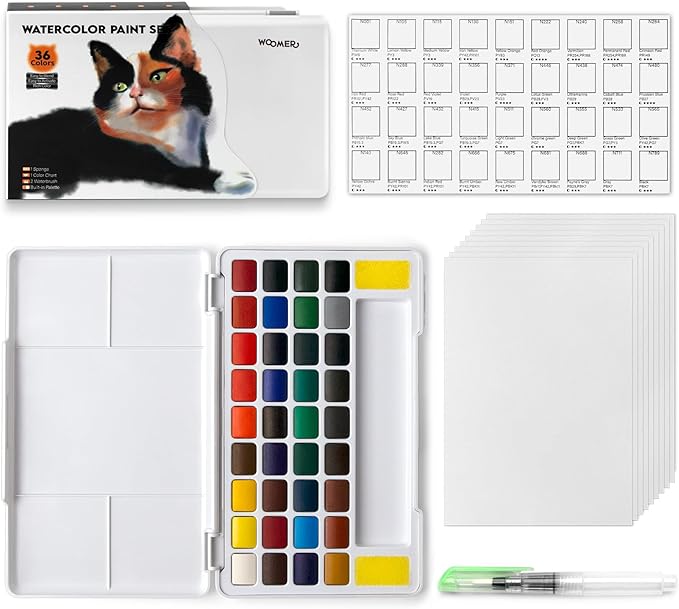 Woomer Watercolor Paint Set, 36 Vibrant Colors with Water Brush & 10 Premium Cotton Watercolor Papers (32K), Perfect for Beginners, Hobbyists and More