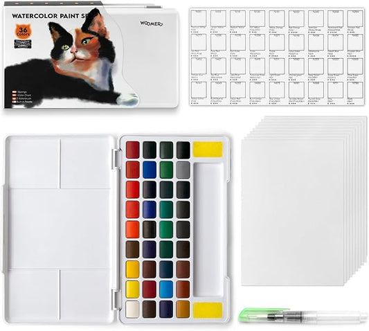 Woomer Watercolor Paint Set, 36 Vibrant Colors with Water Brush & 10 Premium Cotton Watercolor Papers (32K), Perfect for Beginners, Hobbyists and More