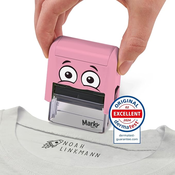 COLOP Marky Personalized Kids Name Stamp, Suitable for All Surfaces, Pink | Permanent Waterproof Clothing & Fabric Labeling, Clothing Stamp For Kids, Schools, & Daycare, Includes Labels and Thermo Tape