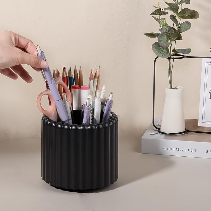Anyoifax 360° Rotating Pen Holder 7 Slots Desk Organizer Removable Pencil Cup Plastic Art Supplies and Accessories Desktop Storage Box Caddy for Office, School, Home (Black)