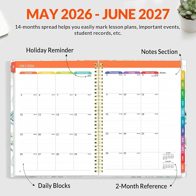 SUNEE Teacher Planner 2026-2027 Academic Year, Lite Lesson Planner Book with 7 Periods Jul 2026 - Jun 2027, 8.5"x11" Daily Weekly and Monthly Organizers, Plan Book with Pocket, Color Tabs, Full Leaf