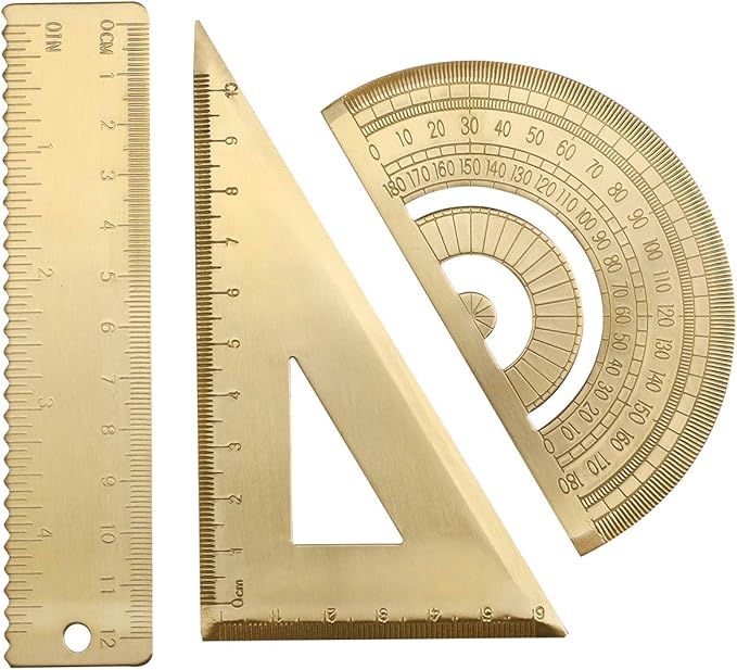 3 Packs Brass Triangle Ruler Protractor Set, Geometry Scale Ruler, Math Semicircle Protractor, Triangular Square Ruler, Drafting Tool Kit for Students Architects Engineers