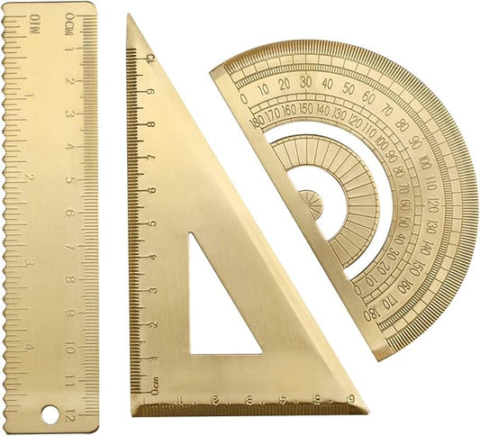 3 Packs Brass Triangle Ruler Protractor Set, Geometry Scale Ruler, Math Semicircle Protractor, Triangular Square Ruler, Drafting Tool Kit for Students Architects Engineers