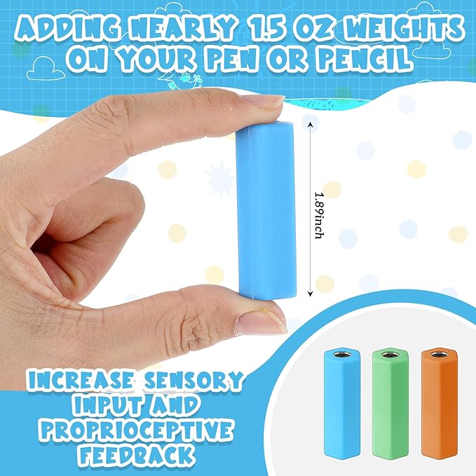 3 Pcs Pencil Pen Weights 1.59 oz, Handwriting Aid Kit for Children Elderly Special Need, Metal Weighted Pencil Holder Tool for Autism Tremors Fine Motor Skills(Orange, Green, Light Blue)