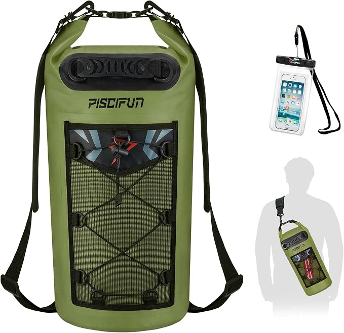 Piscifun Dry Bag, Waterproof Floating Backpack 10L/20L/30L/40L | Waterproof Phone Case, Adjustable shoulder straps, Roll-top closure keeps gear dry, Ideal for Boating, Kayaking, Fishing