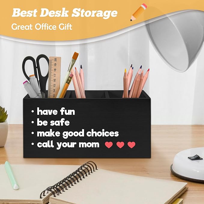 Funny Call Your Mom Pen Holder Organizer for Desk Accessories, Gifts for College Freshman Students Wooden Box Sign Desk Decorations for Classroom College Dorm Decor, Back to School Gifts