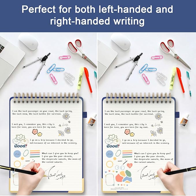 A4 Top Spiral Notebook, Large Leather Hardcover Top Bound Steno Pads, 240 Pages 100 gsm Thick Lined Paper Left Handed Notebook Journal for Work, School, Meeting Writing - Navy Blue, 8.5" x 11"