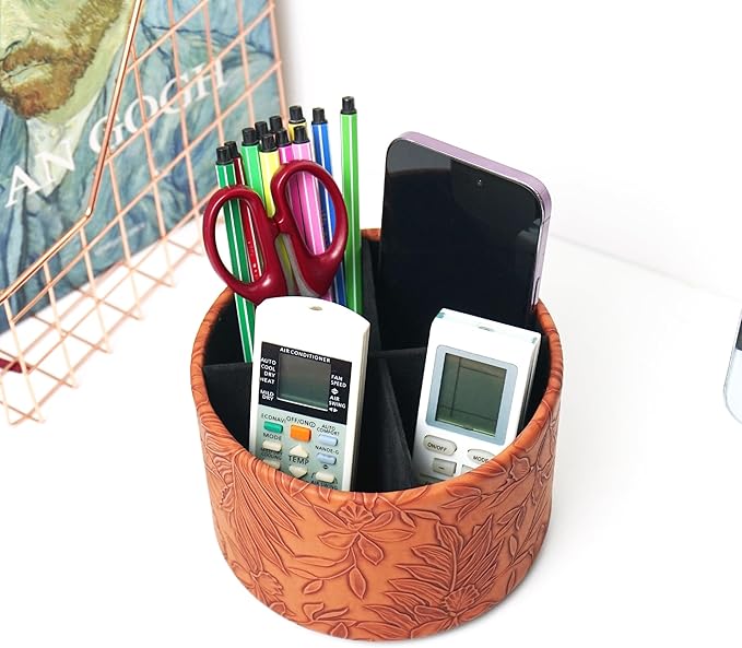 Round Leather Art Supply Organizer,Remote Control Holder,360 Degree Spinning,Multi-Functional Pencil Holder,4 Compartments Desktop Stationary Organizer(1-Carved Brown)