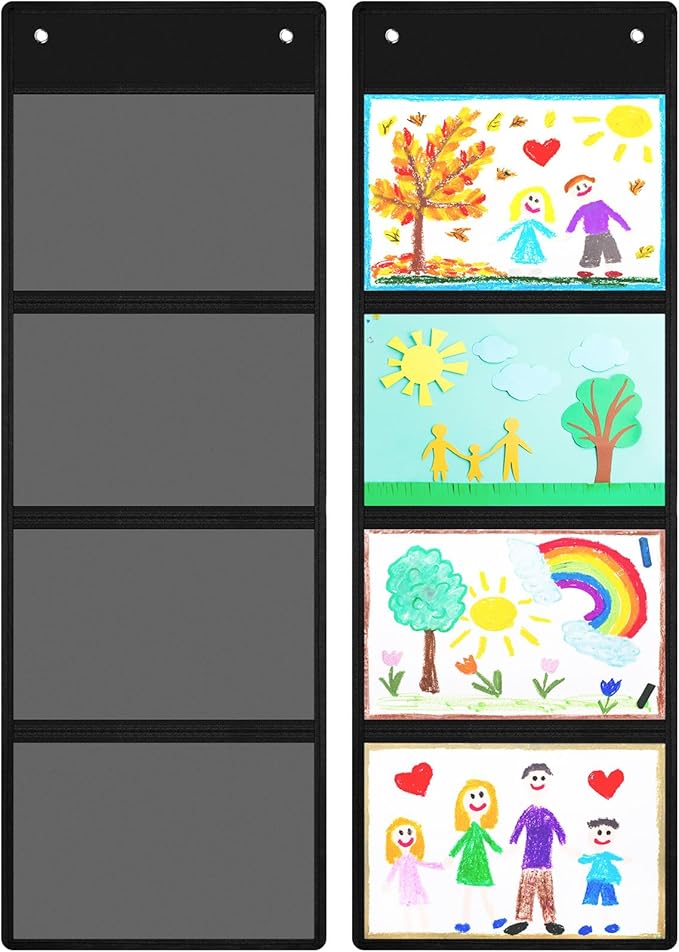 Watersay 2 Pcs Storage Pocket Chart for Classroom 37.4 x 13 in, 4 Pockets Hanging Wall File Organizer for Cards, Drawing, Pictures, Class Demonstrations, Homework, Teacher Office Organization (Black)