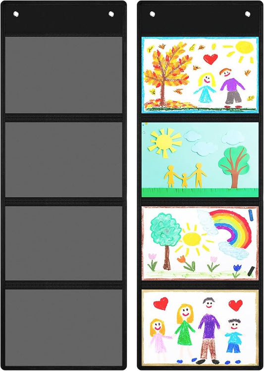 Watersay 2 Pcs Storage Pocket Chart for Classroom 37.4 x 13 in, 4 Pockets Hanging Wall File Organizer for Cards, Drawing, Pictures, Class Demonstrations, Homework, Teacher Office Organization (Black)