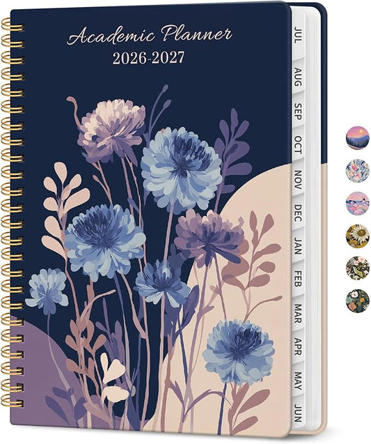 Planner 2026–2027, Academic Monthly Weekly Spiral Calendar, July 2026 – June 2027, Hardcover Agenda Notebook with Tabs, 6.3" x 8.5", Perfect for Students, Teachers, School & Daily Planning - Midnight Blooms