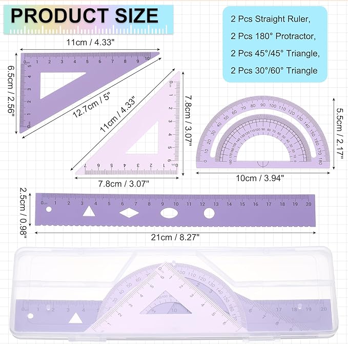 PATIKIL Geometry Set, 2 Pack 8 Inch Aluminum Ruler & 4 Triangles, Metal Protractor Ruler Math Drafting Measuring Tool for Home Office Math Drawing Engineering Art,Gradient Purple