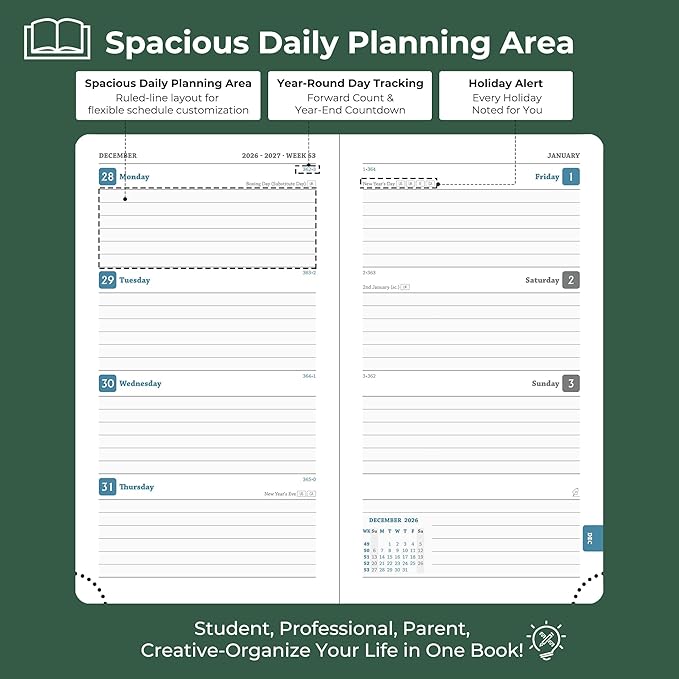 Planner 2026-2027 Daily Weekly and Monthly,6.5"x3.75",18 Months Spiral Bound Calendar Agenda with Self-adhesive Pen Holder,2026 Academic Plan with Vegan Leather Soft Cover,Green