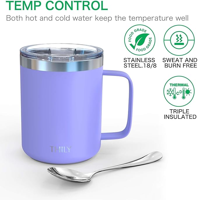 THILY Stainless Steel Insulated Coffee Mug 12 oz Triple-Insulated Travel Cup with Handle and Spill Proof Lid, Keep Coffee Cold or Hot Hours, Powder Coated, Matte Lavender