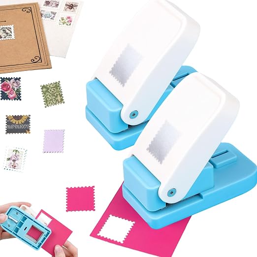 2Pcs Postage Stamp Punch, Rectangular Embossed Edge Shape Paper Punch, Square Hole StampsLever Action Craft Puncher for Paper Crafting Scrapbooking, 1x0.8 Inch Stamping-Out Cutter Crafts Supplies Tool