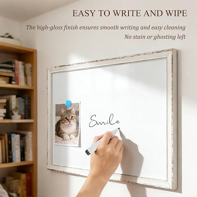White Board for Wall, 16" x 12" Magnetic Dry Erase Board, Vintage Wooden Frame Decorative Whiteboard, Wall Mounted, White-Washed, Aesthetic Writing Board for Home, Office, School