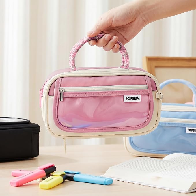 TOPBIDAI Large Pencil Case Pouch School Supplies for Girls Boy Women Men | Big Pencil Bag with 5 Compartments, Easy Grip Handle, Office College School Pencil Box