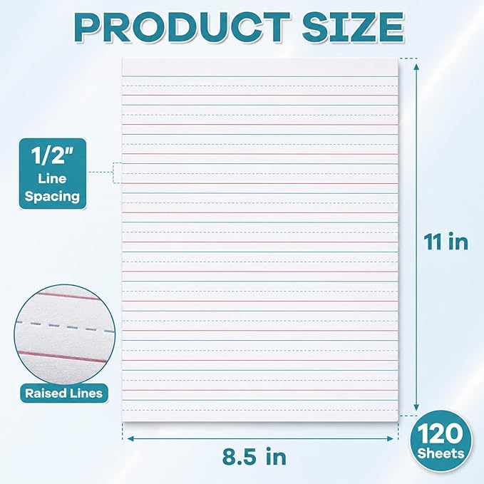OBUSATT Kindergarten Practice Paper Raised Line Primary Writing Paper with 0.5inch Spacing Multi-Sensory Wide Line Kindergarten Handwriting Tablet for Kids Teachers, 8.5 x 11 Inch（120 Sheets）