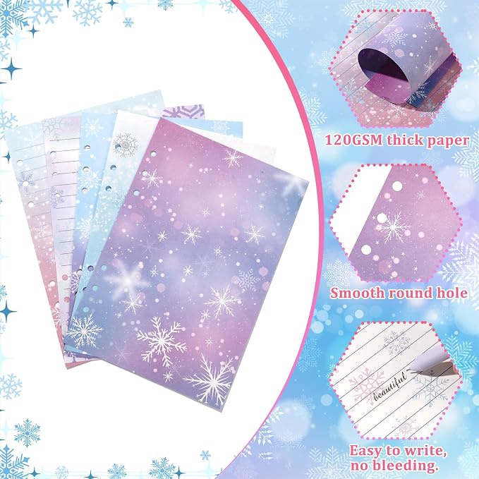 100 Sheets Snowflake A5 Planner Inserts - 120GSM Thick Ice Princess Refill Paper for A5 6-Ring Binder, Magic 6 Hole Loose Leaf Sheets for Journal Diary Notebook Budget Creative Planning Christmas
