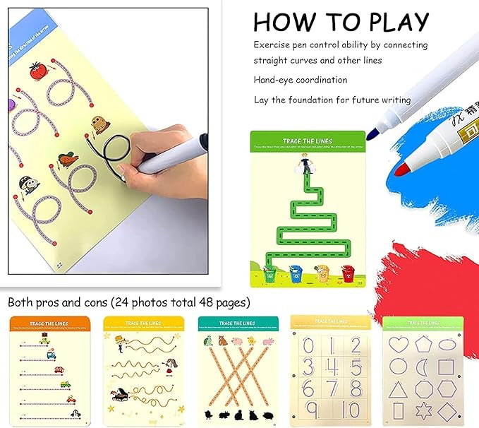 Tiiano Preschool Learning Activities for 3+ Year Olds, Toddler Handwriting Practice Workbook with 4 Dry Erase Markers, Montessori Learning for Ages 3+, Kindergarten Readiness