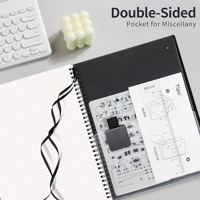 AHGXG Dotted Journal - Dot Grid Spiral Notebook 8.5" x 11", A4 Large Dotted Notebook, 100 GSM Thick Paper, Waterproof Plastic Cover Journals for Journaling, Sketching, Black