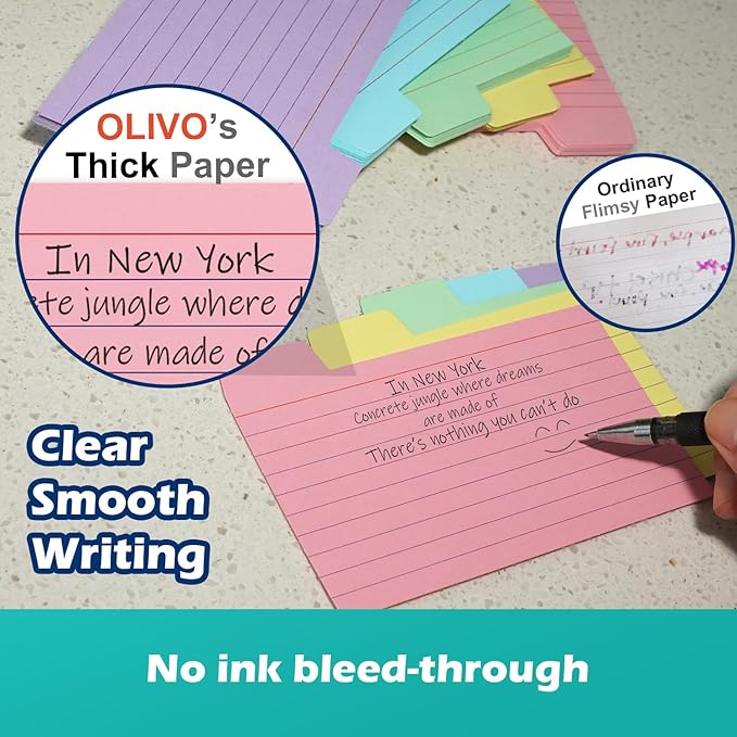100 Pack Tabbed Index Cards 3x5 Lined Index Card Dividers with Tabs 3" x 5", White, 220 GSM Thick Paper