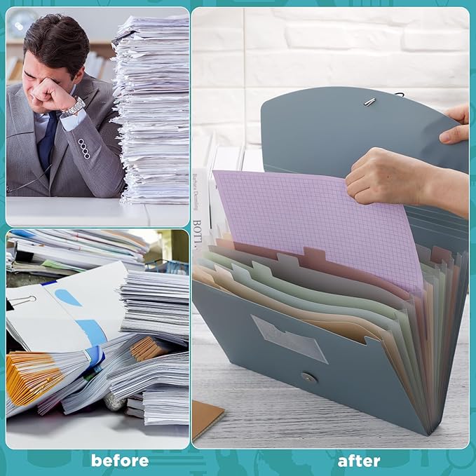 Cholemy Expanding File Folder 13 Pockets File Organizer with Labels A4 Letter Size Receipt Document Organizer Plastic Expandable Filing Folders for Office, Home(Blue)