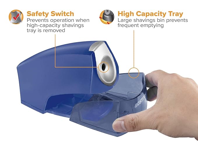 Bostitch Office Electric Pencil Sharpener for Classroom & Desk Use, Heavy-Duty Stall-Free Motor, High-Capacity Shavings Tray, Dark Blue
