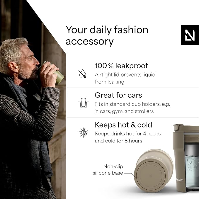 LARS NYSØM Thermo Coffee Mug to go 13oz | Travel Mug 0.38 Liter with Insulation | Silicone grip base | Leak Proof Stainless Steel Tumbler for Coffee and Tea on the Go (Powder Taupe Brown, 13oz)
