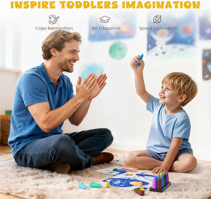 JUPITEARTH 12 Colors Crayons for Toddlers, Non-Toxic Washable Rocket Crayons, Easy-to-Hold Coloring Gifts & Mess-Free Art Supplies for Little Hands