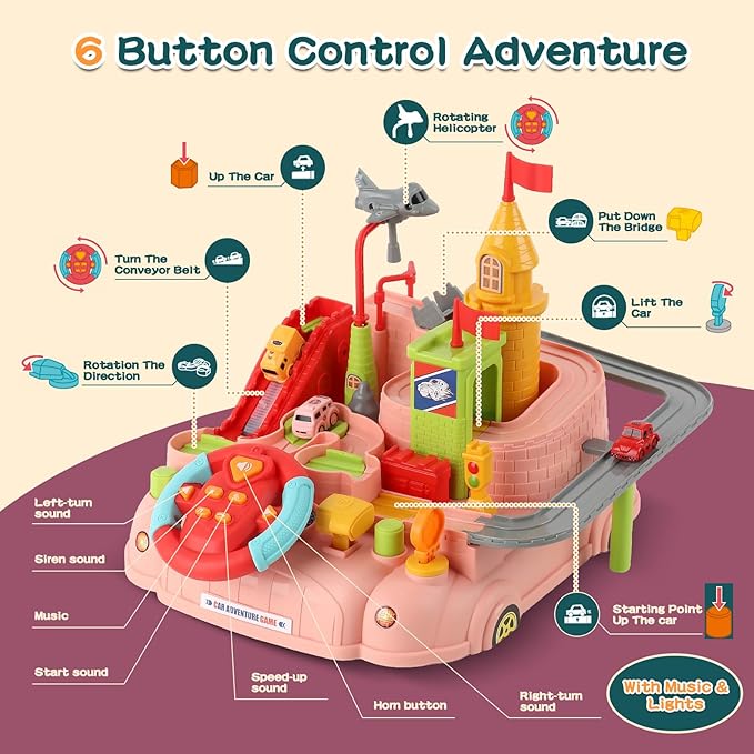 2026 Upgraded Car Adventure Toy for 3 4 5 6 Year Old Boys Girls, Race Track Toy with Steering Wheel & Sound, Montessori STEM Toys for Toddlers, Fine Motor Skills Birthday Gift for 3-5 Year Old Kids