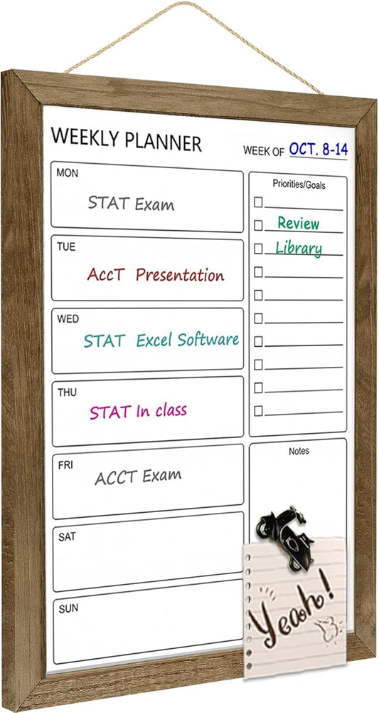 Dry Erase White Board Weekly Calendar Board, Magnetic Whiteboard for Wall,10.6“x14.7 Solid Wood Rustic Brown Framed Message Board, Planner Board for Office, Home, Schooll(Weekly-BB-RB-2737)