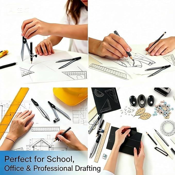 Marte Vanci 10 Piece Geometry Set, Math Geometry Kit with Storage Case, Includes 2 Compasses Rulers Protractor Pencil Eraser Sharpener Lead Refills Student Supplies for Drafting, Math Study (Black)