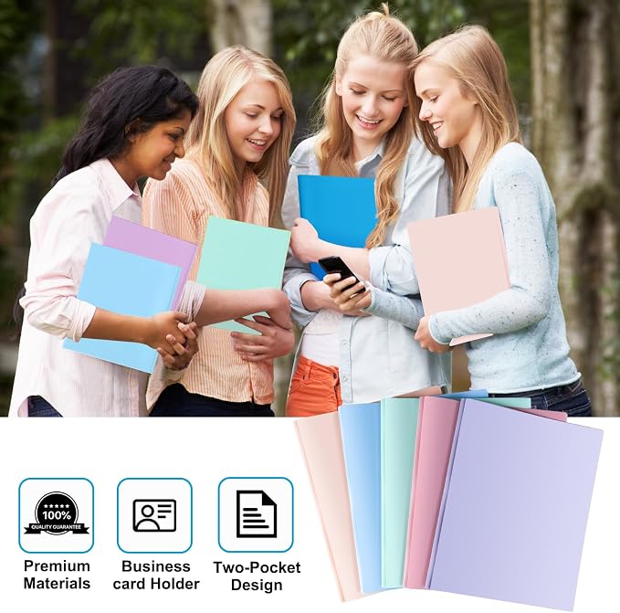 HABGP Two Pocket Folder with Prongs (10 Pack, Pastel Colors), Plastic Folders with Pockets and Business Card Holder, Folders with Pocket Fit Letter Size, Organizing Papers in School, Office & Business