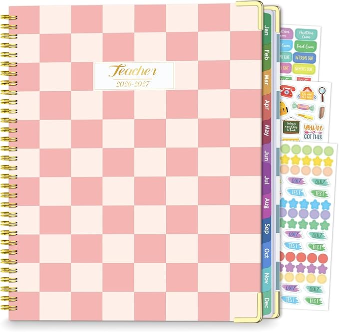 Teacher Planner 2026-2027, Jul 2026-Jun 2027 Academic Year, 8.5" x 11" Lesson Planner Book for Teacher Calendar, Spiral Bound Planners, Colorful Monthly Tabs, Planning Stickers, PinkCheckered