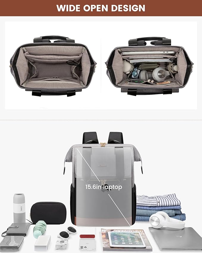 LOVEVOOK Laptop Backpack for Women, 15.6 Inch Work Laptop Bag with USB Port, Fashion Teacher Nurse Backpack Purse, Waterproof Travel Computer Backpack with Organizer Bag, 2PCS, Grey-Black