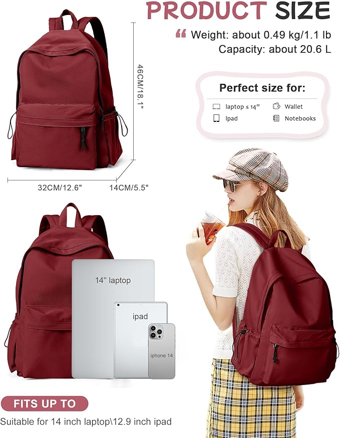 SEAFEW Red Lightweight Basic Backpack for High School,College Bookbag for Womens,Travel Laptop Backpacks for Teen Girls,School Bag Casual Daypack