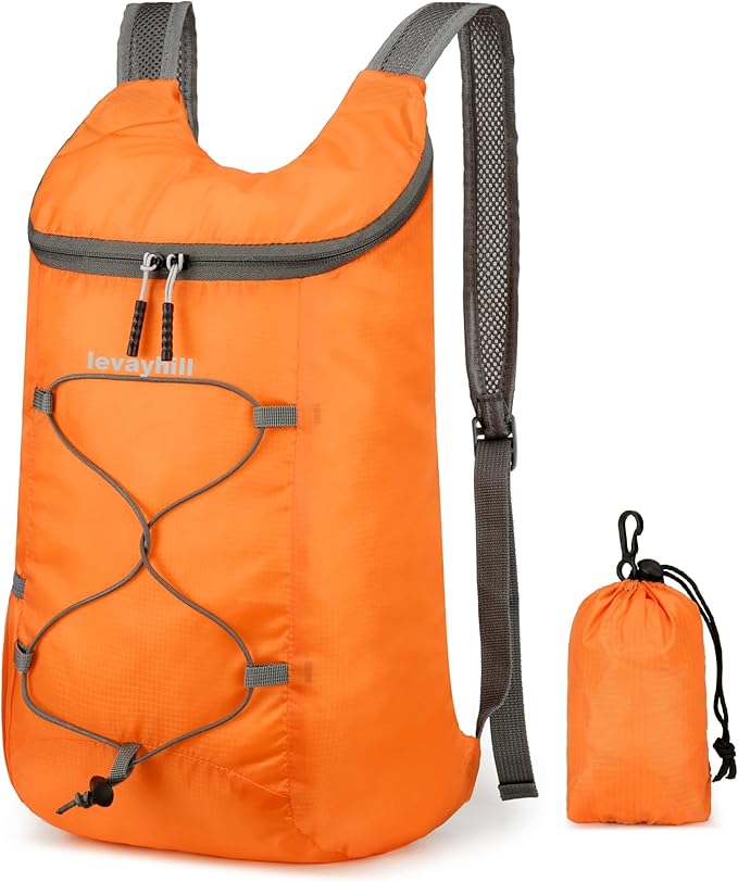 levayhill 16L Lightweight Foldable Hiking-Backpack Small Packable-Daypack For Travel,Ultralight Water-Resistant Gym Bag Men Women Easy Carry-on (Orange)