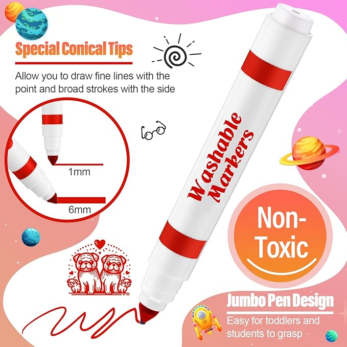 24 Pcs Washable Markers Bulk Broad Line Markers Coloring Conical Tip Large pens for art projects, Teachers, Party Favors, Donations(Red)
