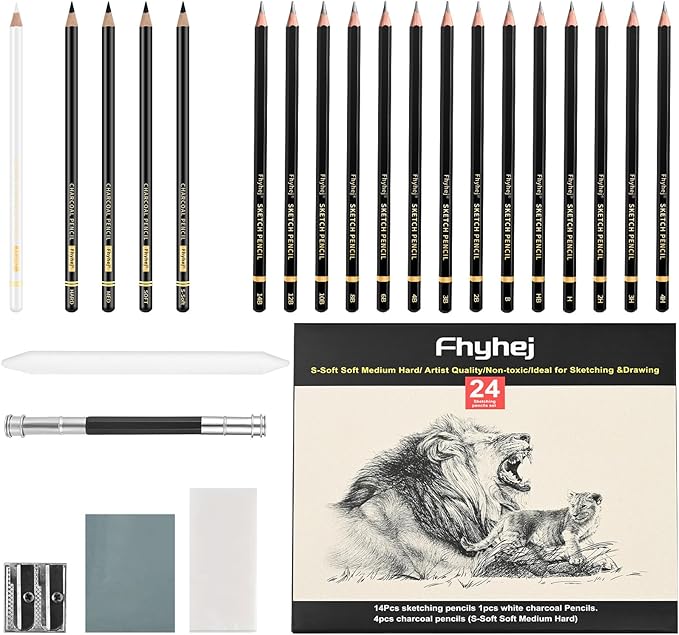 24-Piece Drawing Pencil Set - 14 Graphite Sketch Pencils (14B-4H), 4 Charcoal Pencils, White Charcoal Pencil & Art Supplies, Sketch Pencils for Drawing, Shading, Sketching for Beginners & Artists