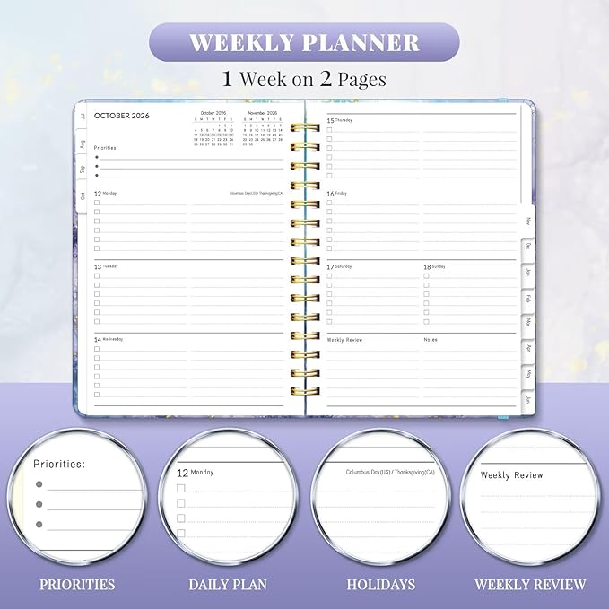 Lonely Oak Academic Planner 2026-2027, Daily Weekly and Monthly Agenda Planner 6.18" x 8.5" with Tabs, 12 Months Spiral School Year A5 Calendar from Jul.2026 to Jun.2027 for Student and Teacher (Blue Marble)