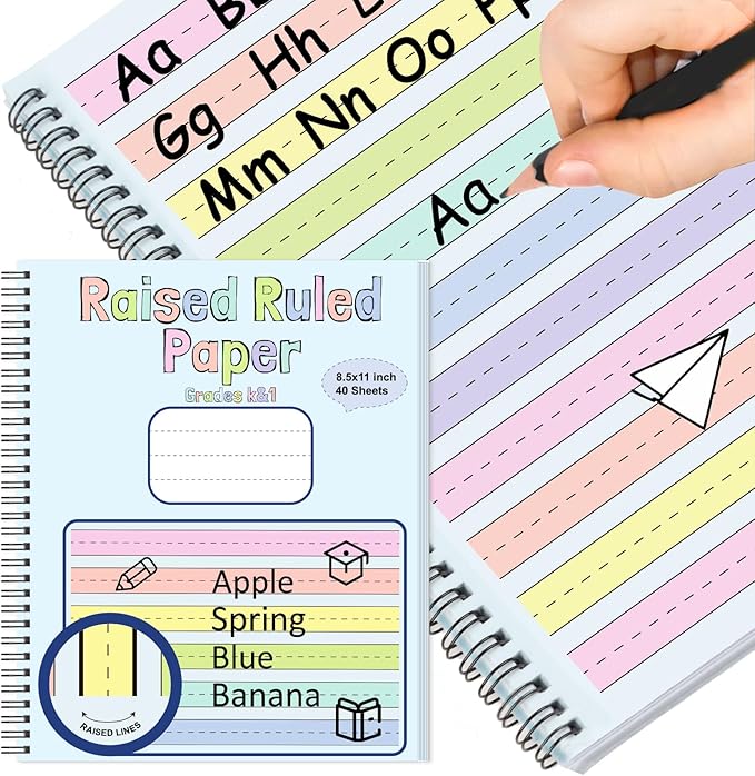 Colored Raised Line Handwriting Paper 8.5x11 Inch Wide Ruled Writing Paper Spiral Bound with ADHD 0.63 In Spacing Multi Sensory Dysgraphia Pad Handwriting Practice Workbook for Kids Kindergarten